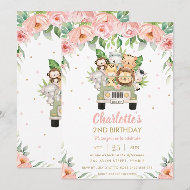 Invitación Jungle Animales Safari Car Pink Floral Cumpleaños (Anverso / Reverso)