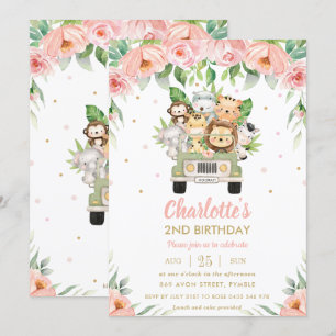 Invitación Jungle Animales Safari Car Pink Floral Cumpleaños