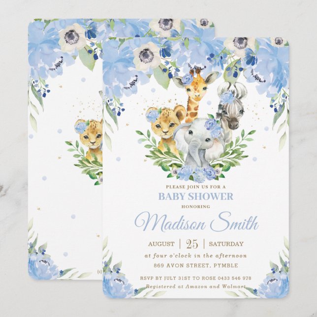 Invitación Jungle Animales Safari Floral Azul Baby Shower (Anverso / Reverso)