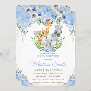 Invitación Jungle Animales Safari Floral Azul Baby Shower