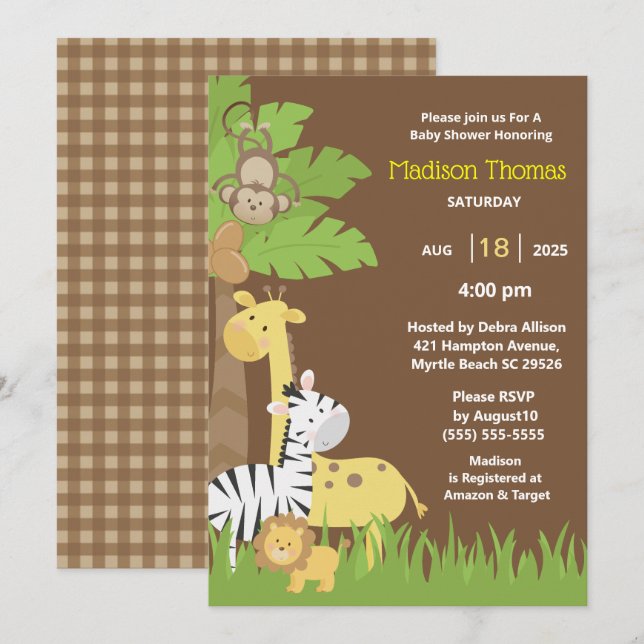 Invitación Jungle Animals Brown Safari Boy Baby Shower (Anverso / Reverso)