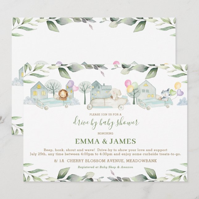 Invitación Jungle Animals Cars Greeneration Drive by Baby Sho (Anverso / Reverso)