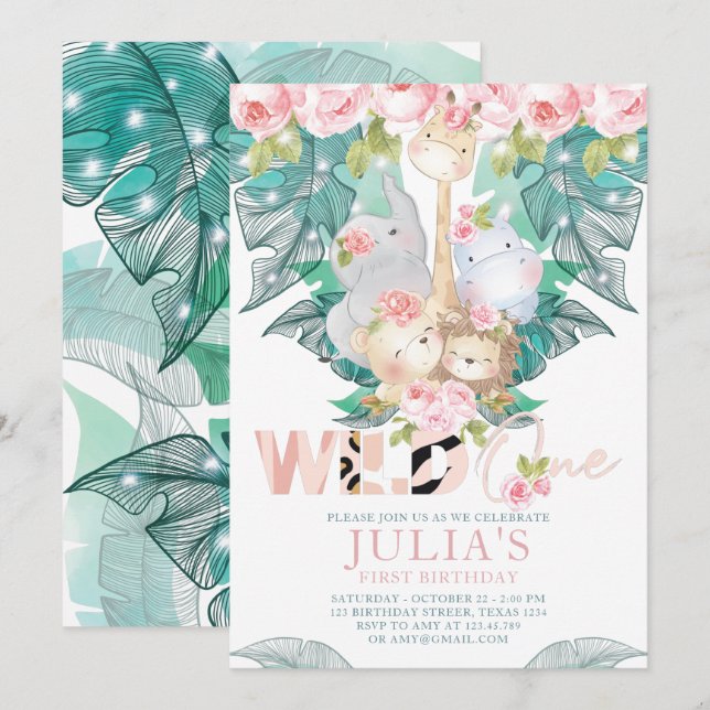 Invitación Jungle Animals First Birthday Cute (Anverso / Reverso)