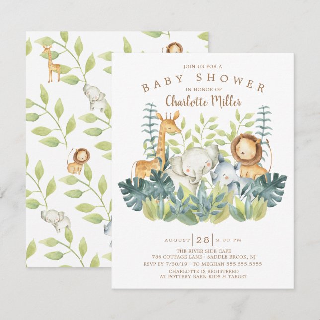 Invitación Jungle Animals Neutral Baby Shower (Anverso / Reverso)