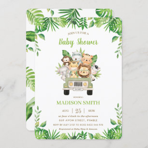 Invitación Jungle Animals Safari Car Green Baby Shower