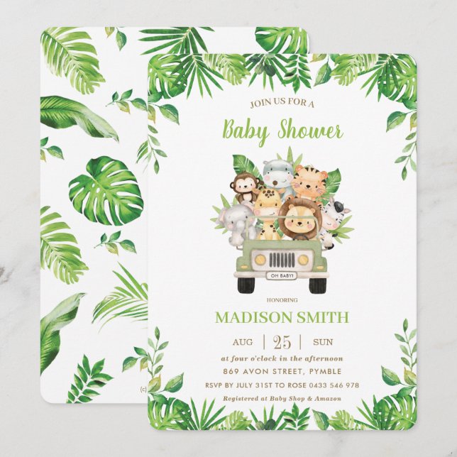Invitación Jungle Animals Safari Car Greenery Baby Shower (Anverso / Reverso)