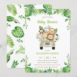 Invitación Jungle Animals Safari Car Greenery Baby Shower