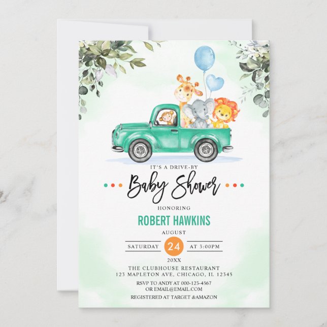 Invitación Jungle Animals Safari Drive by Baby Shower (Anverso)
