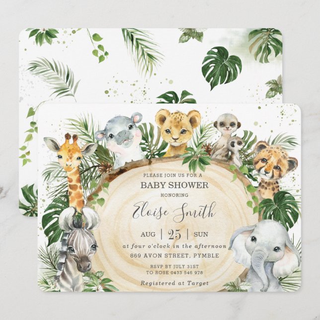 Invitación Jungle Animals Safari Madera vegetal Baby Shower I (Anverso / Reverso)