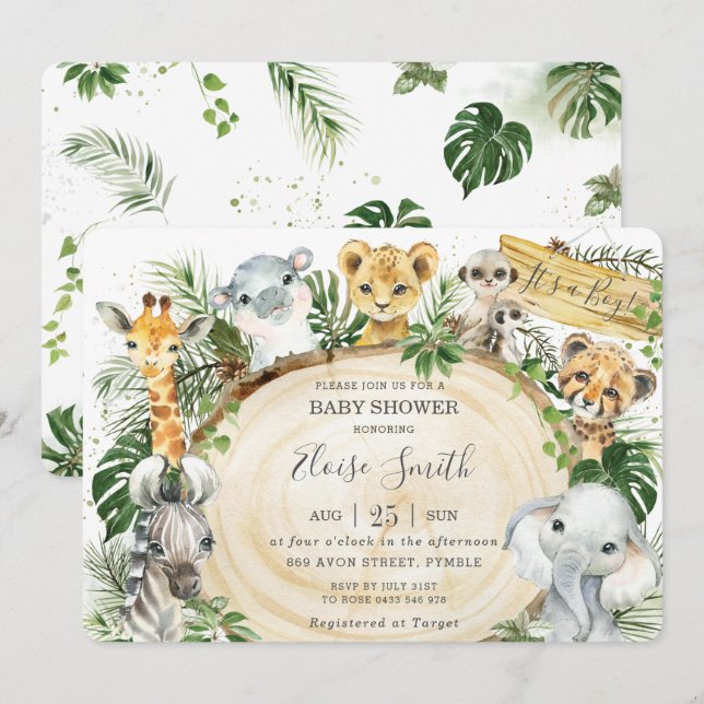 Invitación Jungle Animals Safari Wood Greenery Baby Shower (Anverso / Reverso)