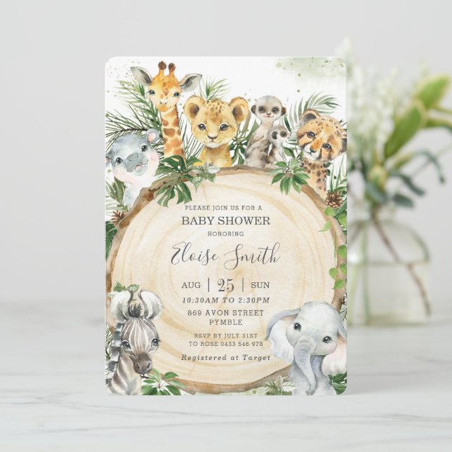 Invitación Jungle Animals Wood Slice Greenery Baby Shower (Anverso de pie)