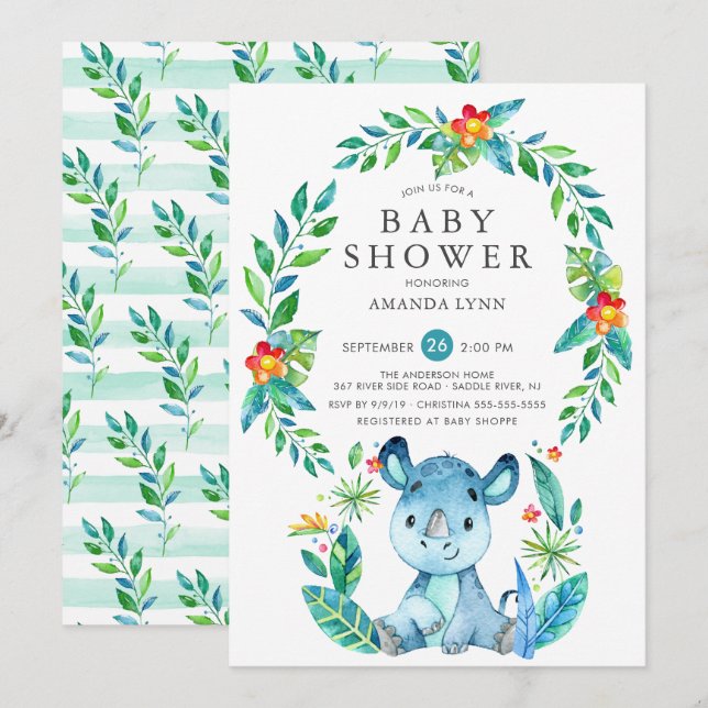 Invitación Jungle Blue Rhinoceros Boy Baby Shower (Anverso / Reverso)