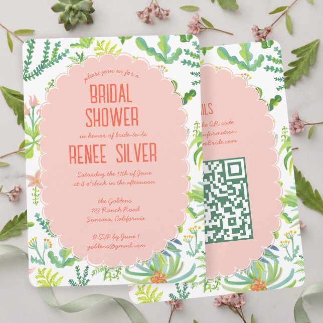 Invitación Jungle Garden Watercolor Custom QR  BRIDAL SHOWER (Jungle Garden Watercolor Hand-painted Pink Green Custom QR BRIDAL SHOWER Invitation
)