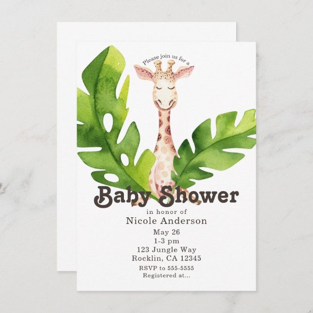 Invitación Jungle Giraffe Watercolor Fiesta Baby Shower (Anverso / Reverso)