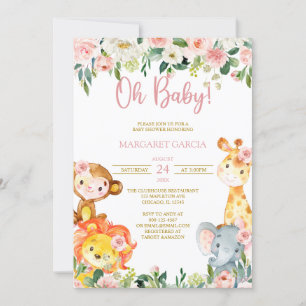 Invitación Jungle Oh Baby Girl Safari Animals Baby Shower Inv