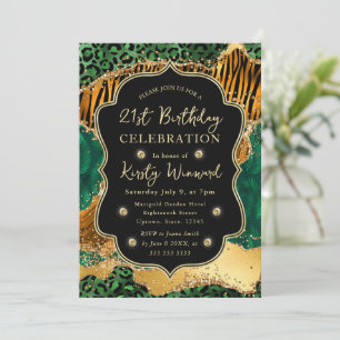Invitación Jungle Safari Ágata Verde y Acentos Dorados Cumple