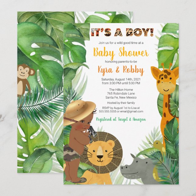 Invitación Jungle Safari Animals Baby Boy Shower  (Anverso / Reverso)