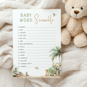 Invitación Jungle Safari Animals Baby Word Scramble Game Card