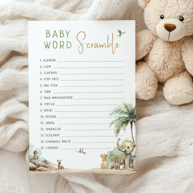 Invitación Jungle Safari Animals Baby Word Scramble Game Card (Subido por el creador)