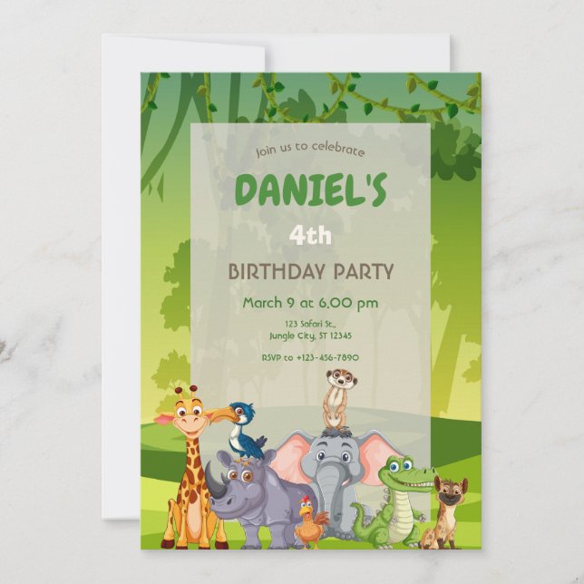 Invitación Jungle Safari Animals Birthday Party (Anverso)