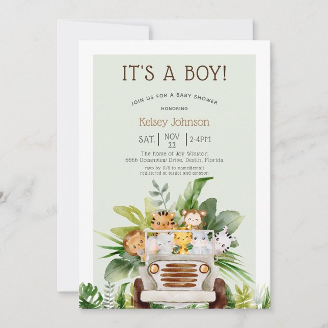 Invitación Jungle Safari Animals Boy Baby Shower (Anverso)
