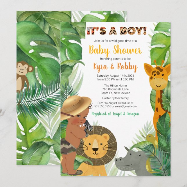 Invitación Jungle Safari Animals Boy Baby Shower (Anverso / Reverso)
