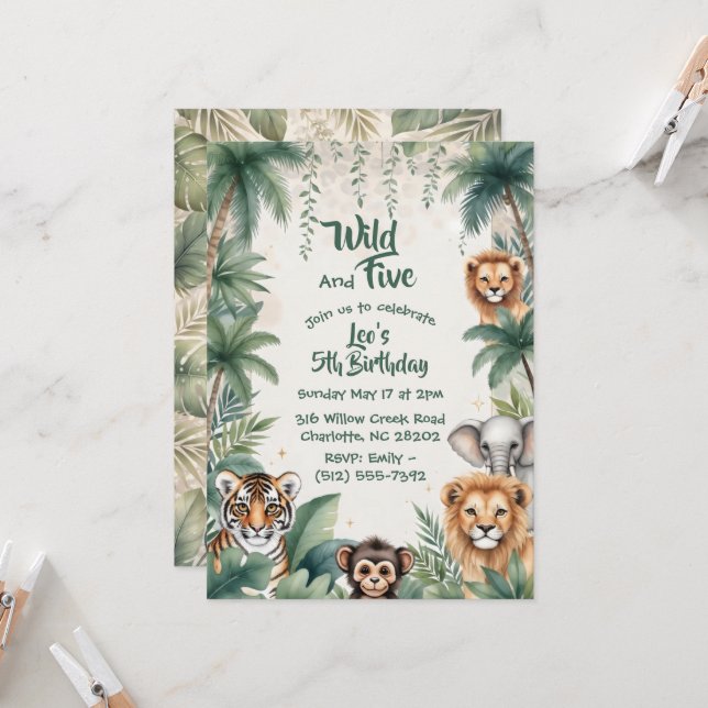 Invitación Jungle Safari Animals Five Wild Boy 5th Birthday  (Anverso/Reverso In Situ)