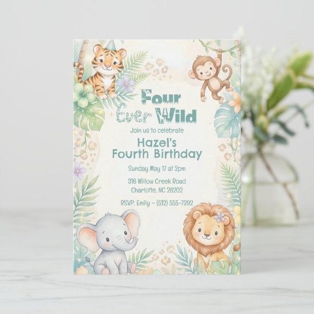 Invitación Jungle Safari Animals Four Ever Wild 4th Birthday  (Anverso de pie)