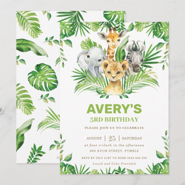 Invitación Jungle Safari Animals Greenery Birthday Party (Anverso / Reverso)