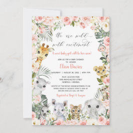 Invitación Jungle Safari Animals Pink Floral Baby Shower