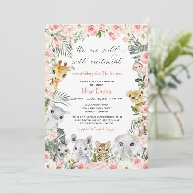 Invitación Jungle Safari Animals Pink Floral Baby Shower  (Anverso de pie)