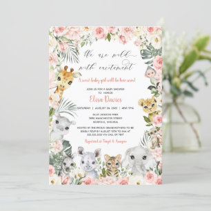 Invitación Jungle Safari Animals Pink Floral Baby Shower 