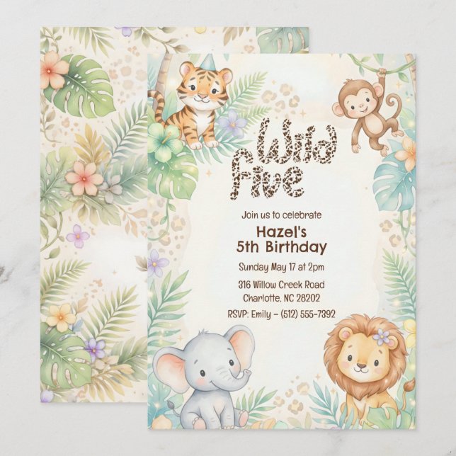 Invitación Jungle Safari Animals Wild Five 5th Birthday  (Anverso / Reverso)