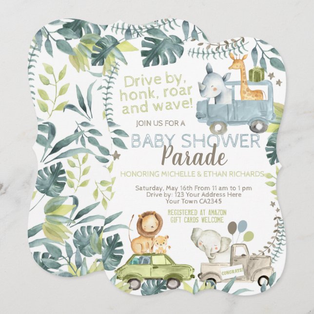 Invitación Jungle Safari Baby Shower Parade (Anverso / Reverso)