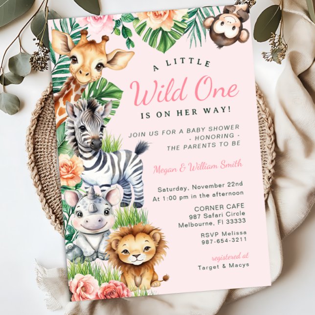 Invitación Jungle Safari Chica Baby Shower Parejas (Safari Themed Baby Shower Invitation)