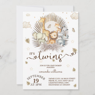 Invitación Jungle Safari Gemelos Animalitos Fiesta de Bebé