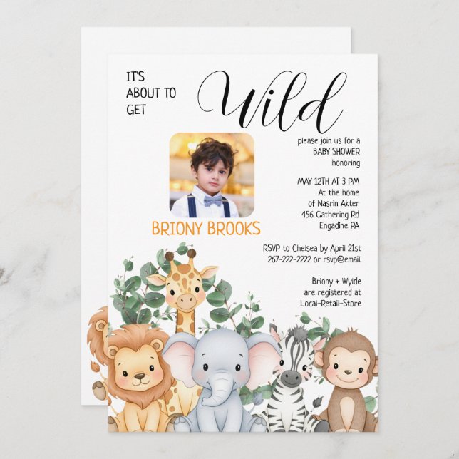 Invitación Jungle Safari "It's About To Get Wild" Baby Shower (Anverso / Reverso)