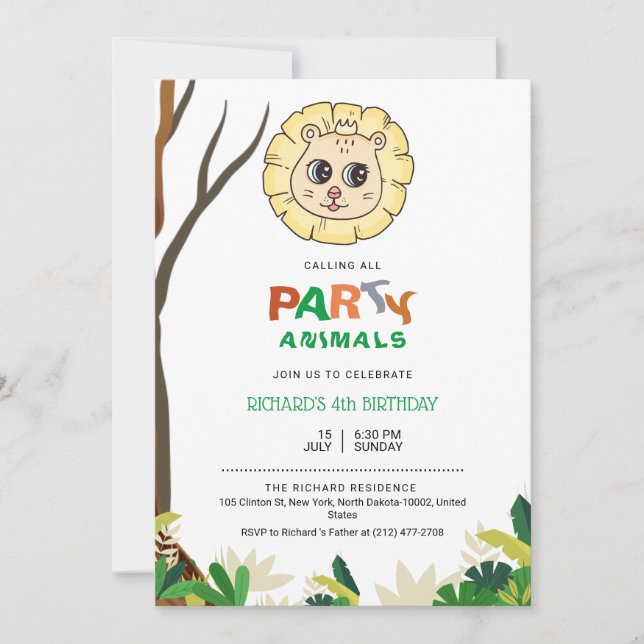 Invitación Jungle Safari Tema del León Niños Celebración del  (Anverso)