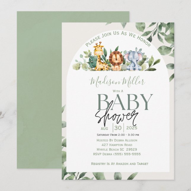Invitación Jungle Sarfari Animales Green deja Baby Shower (Anverso / Reverso)