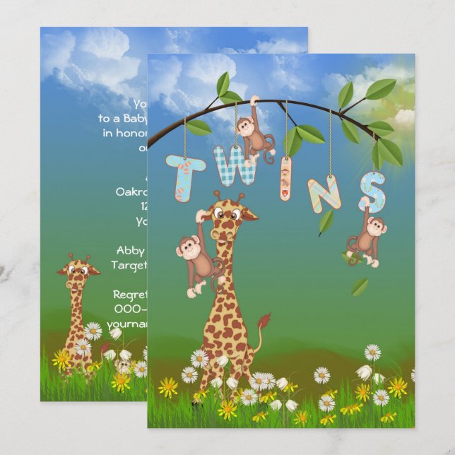 Invitación Jungle Twin Baby Shower (Anverso / Reverso)