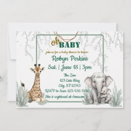 Invitación Jungle Watercolor Giraffe Ducha para bebé elefante