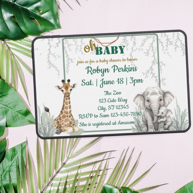 Invitación Jungle Watercolor Giraffe Ducha para bebé elefante (Subido por el creador)