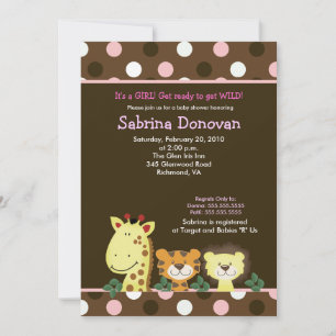 Invitación JUNGLE ZOO FIESTA 5x7 Baby Shower marrón/rosa