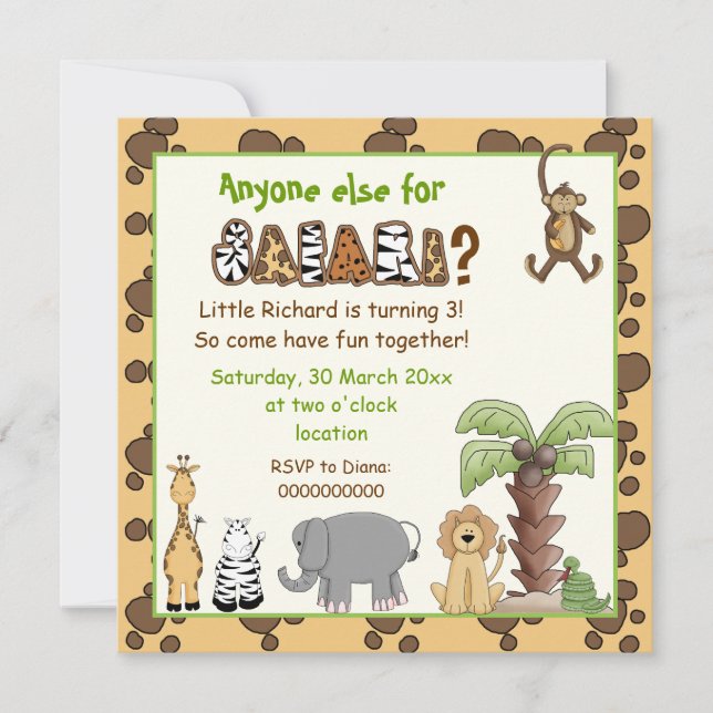 Invitación Junglebeige, fiesta de cumpleaños de niños de safa (Anverso)