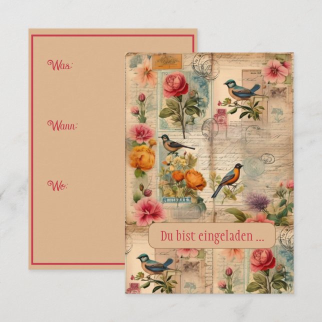 Invitación Junk Journal Seite mit Blumen + Vögeln -  (Anverso / Reverso)