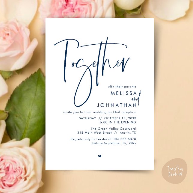 Invitación Junto con sus padres, la recepción de bodas (Together with their parents, Wedding Reception Invitation Card PDF Modern clean Navy Blue)
