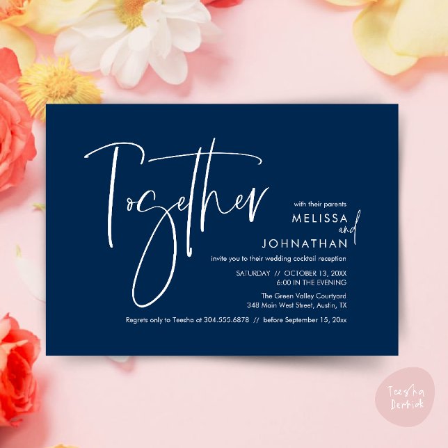 Invitación Junto con sus padres, la recepción de bodas (Together with their parents, Wedding Reception Invitation Card PDF Modern clean Navy Blue)