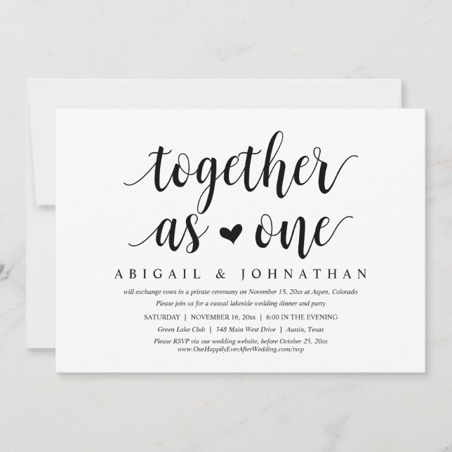 Invitación Juntos como uno, Boda Elopement Dinner Fiesta (Anverso)