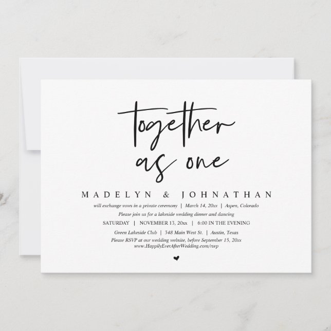 Invitación Juntos como uno, Boda Elopement Fiesta (Anverso)