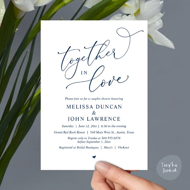 Invitación Juntos con amor, parejas románticas duchan a Fiest (Together in Love, Romantic Couples Shower Party Invitation Card PDF modern minimalist Navy Blue)